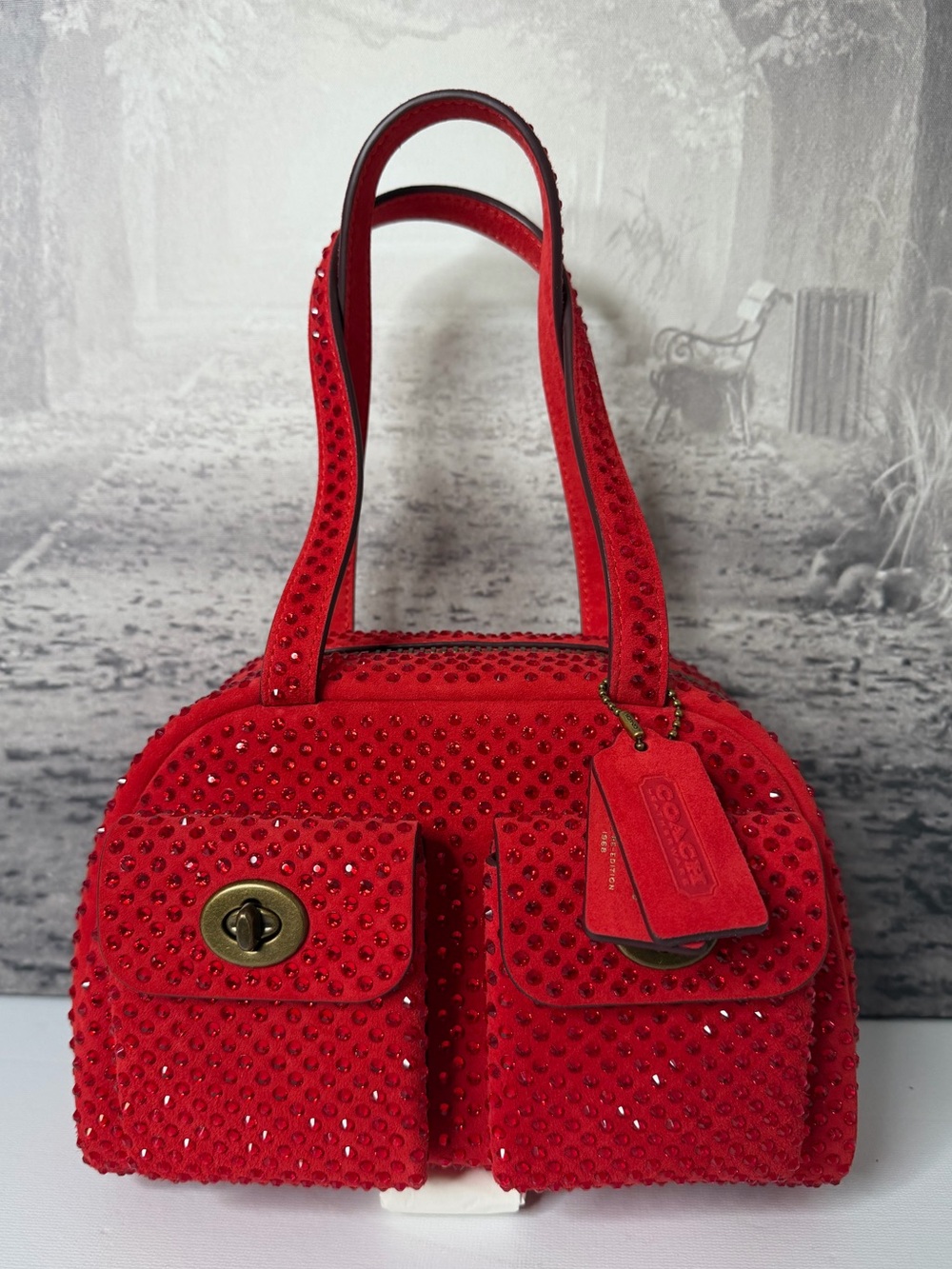 NWT Coach Originals Twin Turnlock Bag Red Crystal Suede CDT22